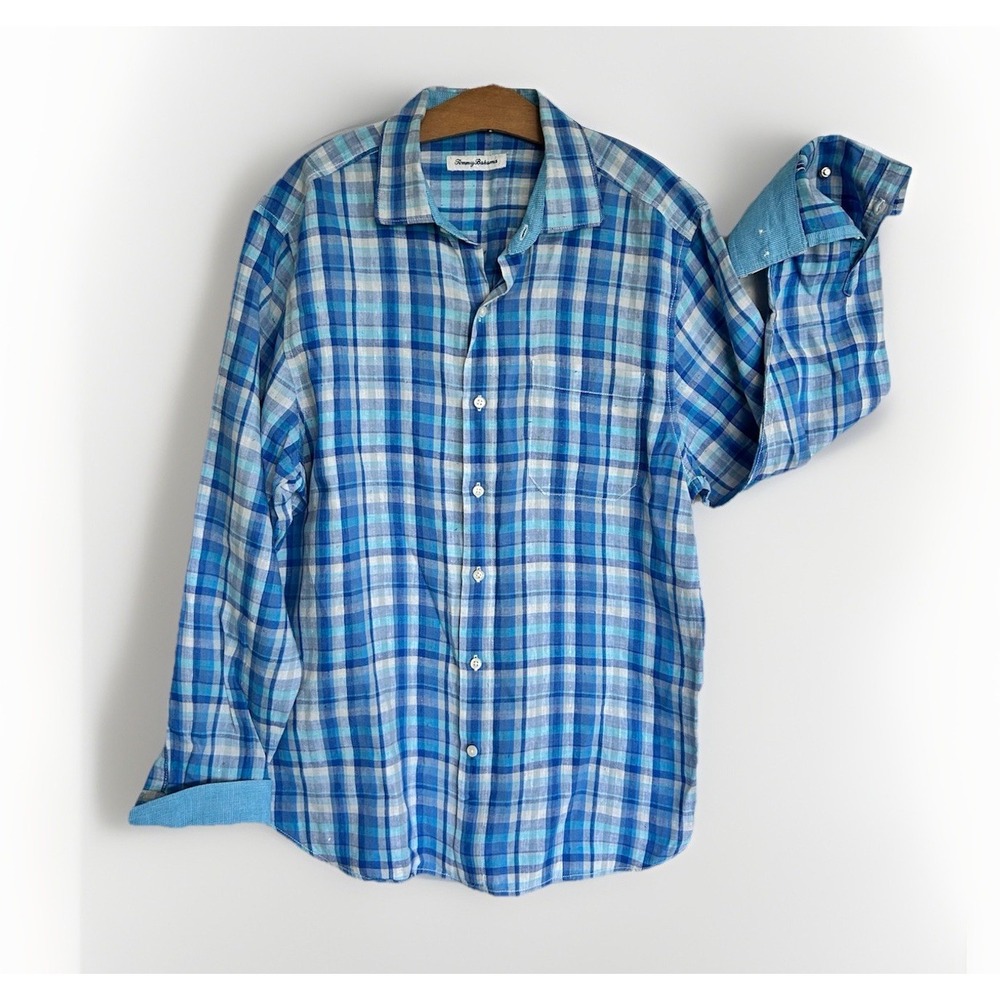 TOMMY BAHAMA Beach Travel Resort Blue Plaid 100% Linen Button Down Shirt Mens M